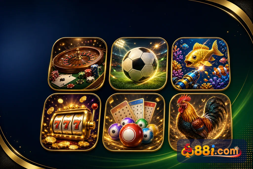 Danh mục sản phẩm 88i: Casino, Thể thao, Bắn cá, Nổ hũ, Xổ số, Đá gà